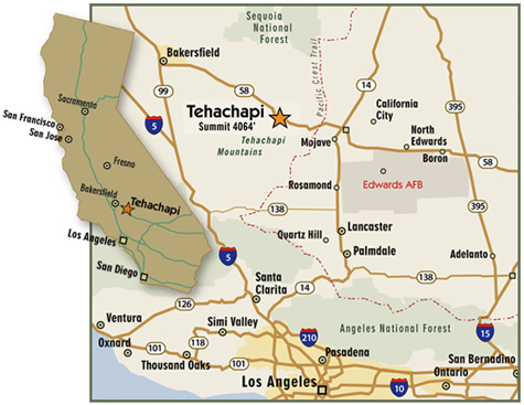 Map of California highlighting Tehachapi